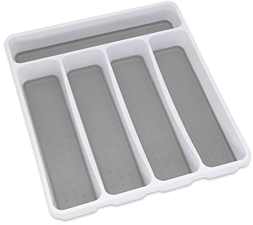 Addis Premium Soft touch 5 Compartment kitchen Cutlery Drawer Utensil Organiser Tray, White & Grey new 5 Sections