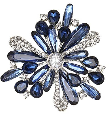Clearine Broche Fleur Superbe Multi Longue Cristal Autrichien Strass Goutte d'eau Femme Saphir Bleu Ton d'Argent
