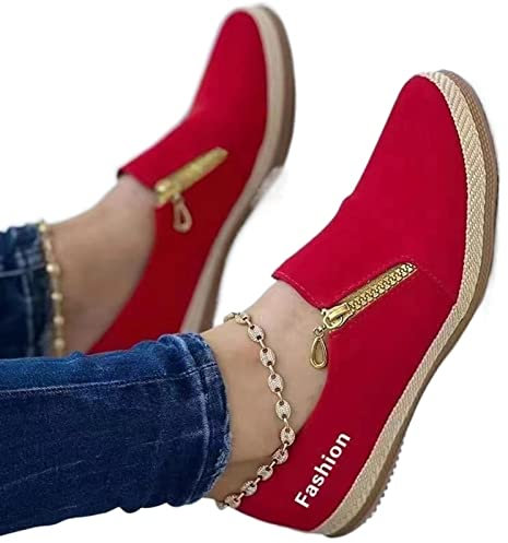 LAZUN Chaussures Plates À Glissière pour Femmes Plate-Forme Baskets en Corde De Chanvre Mode Couleur Unie Intérieur Extérieur Casual Chaussures De Plage (Color : Red, Size : 42 EU)