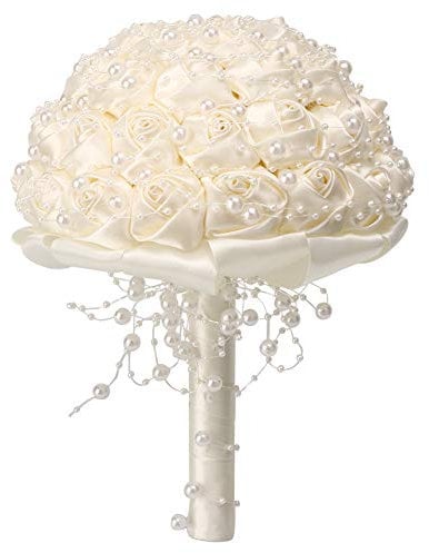 mumisuto Hand Made Wedding Flowers Bridal Bouquets Crystal Bride Holding Bouquet White Ivory Satin Roses with Diamond Pearl Ribbon