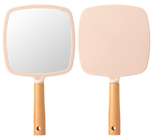 YEAKE Hand Held Mirror with Handle for Makeup,Small Cute Wood Hand Mirror for Shaving with Hole Hanging Single-Sided Portable Travel Vanity Mirror for Men&Women(Square,Pink,1Pack)
