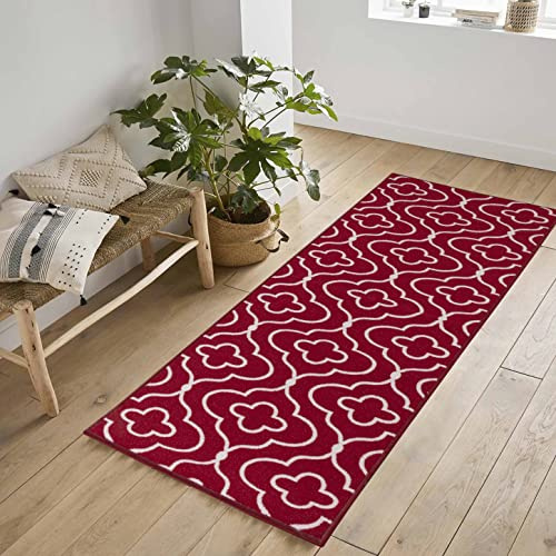 Havana Washable Non-Slip Indoor Runner Mat, Quatrefoil, Red, 67x220cm