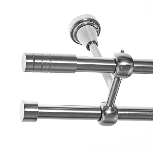 BASIT Gardinenstange Edelstahllook 16mm 2-läufig Decke 320cm lang D24 | Gardinenstangenset doppelläufig Deckenmontage Metall Vorhangstange Deckenhalterung 120-600cm wählbar Kappe Zylinder E28