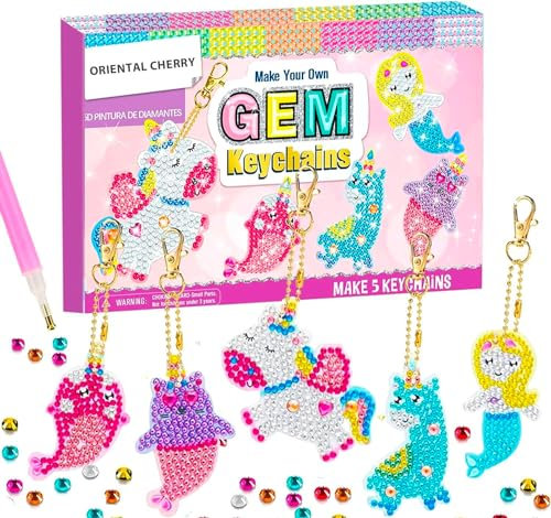 ORIENTAL CHERRY Arts and Crafts for Kids Ages 8-12 - Make Your Own GEM Keychains - 5D Gem Art Painting by Numbers Art Kits for Girls Kids Toddler Ages 3-5 4-6 6-8 (Mermaids Sets)