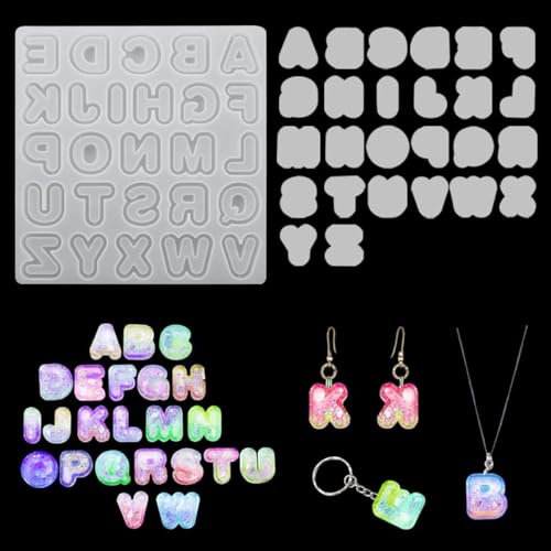 FineInno Stampi Resina Shaker Stampo in Silicone Lettere dell’Alfabeto Quicksand Resin Mold Stampi de Coulée Sabbie Mobili con 26 Foglio PVC per Gioielli Pendente