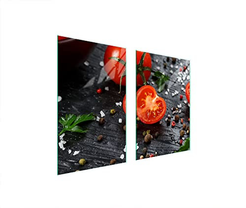 DarHaus Plaque de protection universelle pour plaque de cuisson 65 x 52cm 2 pièce Pour plaques de cuisson Protection contre les éclaboussures Planche a découper en verre trempé, Tomates Bois