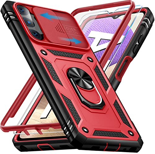 Giyer für Samsung Galaxy A32 Hülle mit Displayschutzfolie, Handyhülle A32 5G mit Kameraschutz Kartenschlitz 360° Metall Ring Ständer Stoßfest Bumper Schutzhülle Samsung A32 6.5 Case Cover (Rot)
