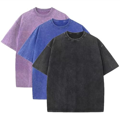 3 Pcs Men's Oversized Heavy Cotton Summer T-Shirts Vintage Tee Loose Fit Short Sleeve Casual Tshirts for Men Women, Purple + Blue + Black, Medium