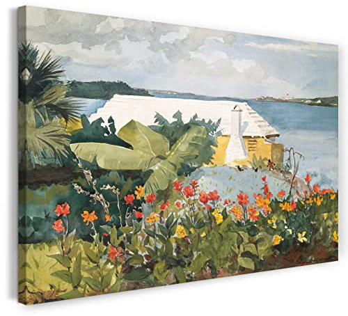 Leinwandbild (30x20cm) Winslow Homer: Blumengarten und Bungalow, Bermuda, Leinwand auf Keilrahmen gespannt und fertig zum Aufhängen, hochwertiger Kunstdruck aus deutscher Produktion