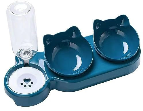 rockible Ciotole per Gatti 3 in 1, Ciotola Acqua Gatto Con Bottiglia D'acqua Da 500 Ml, Piatti Rialzati 15°inclinate Ciotole per Cani, Gatti E Altri Animali Domestici, Blu Scuro