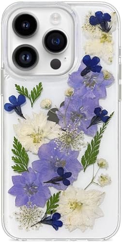 Efitoo for iPhone 15 Pro Case Flower Design Cute Real Dried Pressed White Purple Blue Flowers Floral Leaf TPU Silicone Aesthetic Shockproof Protective Women Girl's Phone Cover Shell (Navy Flower)