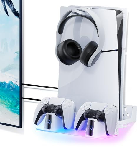 Slim Wall Mount Kit with Charging Station for PS5, Mytrix Shelf Mount Compatible with Both PS5 and New PS 5 Slim Consoles, Wall Hanging Stand for Playstation 5 Accessories with Headset Holder