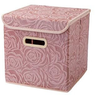 Boîte de rangement pliable de bureau en tissu non tissé avec couvercles, boîte de rangement pliable en coton et lin (carré rose, 25 x 25 x 25 cm)
