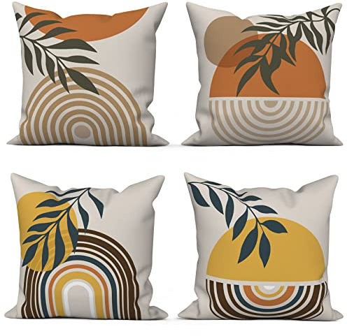 ASDCXZ Boho Kissenbezug 50x50 cm 4er Set, Modern Abstrakt Kunst Blätter Sonne Beige Sofa Dekokissen Kissenbezüge Kissenhülle Waschbar Polyester Flachs Textil Outdoor Kopfkissenbezug Kissen Bezug
