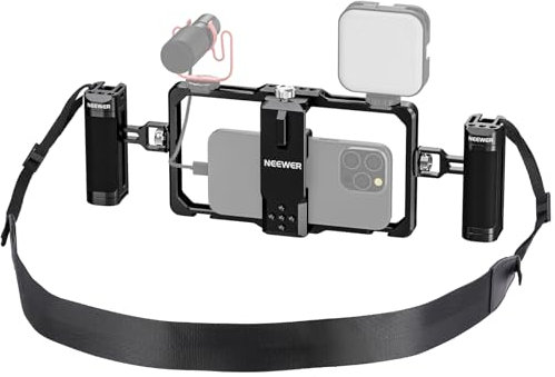 NEEWER Supporto video per smartphone con tracolla, doppia maniglia/slot per microfono Lavalier compatibile con SmallRig Registrazione video Stabilizzatore per gabbia telefonica per iPhone 15 Pro Max