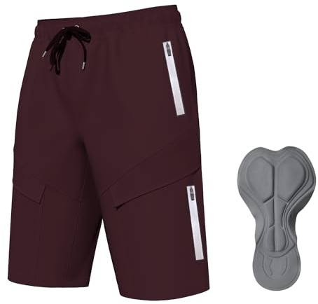Logas MTB Herren Radlerhose,Herren Mountainbike Shorts Atmungsaktiv Radhose ,MTB Shorts für Männer mit 6 Taschen,Burgunderrot,XL