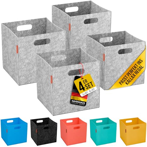 HAVENHAUS Filzkorb Aufbewahrung 4er Set hellgrau 30x30x30cm | Boxen Aufbewahrung Filz | Kallax Boxen geeignet für Aufbewahrung im ganzen Haus | Körbe Aufbewahrung Filzbox, extra stabil 4mm| Regalkörbe