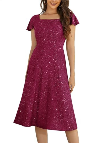 Berylove Robe de cocktail pour femme - Col carré - Robe festive - Robe de soirée longue à paillettes - Robe de bal avec manches - Robe d'invité de mariage, rose, S