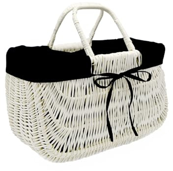 MyBer® Rattankorb Weidenkorb Tragekorb Korbtasche Taschenkorb Tasche Korb aus Weide weiß mit Stoffeinlage K9-489-W-SS