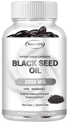 Huile de graines noires 2000 mg (120 capsules) 100 % pure pressée à froid pour la santé des cheveux, de la peau et des ongles, soutien immunitaire