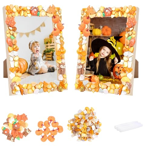 DKINY 2PCS Herbst Mosaik Bilderrahmen Bastelset Kinder Holz Fotorahmen Mosaiksets mit Kürbis Ahornblatt Eichhörnchen Pilz Mosaiksteine zum Basteln DIY Holzrahmen Kreativsets Geschenk für Kinder Herbst