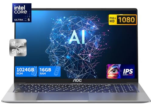 AOC AI Gaming Ordinateur Portable Intel Core Ultra5 125U(12 Coeurs,14 Threads, Jusqu’à 4,30 GHz) avec 16Go DDR5 1024Go SSD 16.1 Pouces FHD AI PC Portable, Métallique, Rétro-éclairage, Type-C, WiFi 6