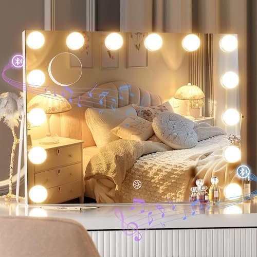 Meidom Hollywood Spiegel mit Beleuchtung, mit Bluetooth-Lautsprecher, Aluminiumrahmen 3 Farbtemperatur Licht, 14 Dimmbaren Glühbirnen, 360° Drehbar Schminkspiegel 45x35cm Weiß