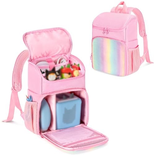 LoDrid Backpack Compatible with Tonie, Portable Bag for Audio Player Starter Set, Carrying Case with 3 Clear Pockets for Figures Display and Multiple Pockets for Charger Headphone, Pink, Bag Only