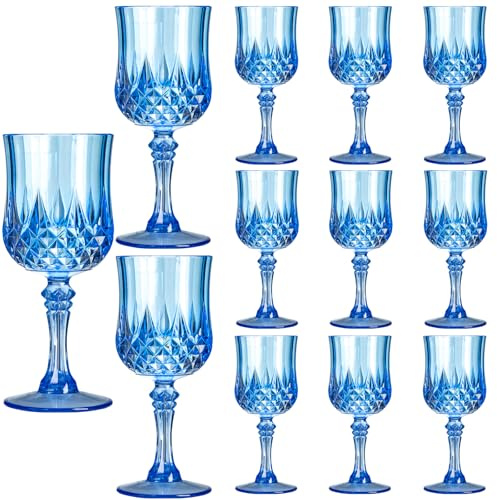 XKXKKE 12 Piezas de Copas de Vino de Plástico Azul, Copas de Agua de Plástico para Fiestas, Copas de Vino con Pie para Recepción de Boda, Suministros de Bar para Grandes Eventos y Fiestas, Copas