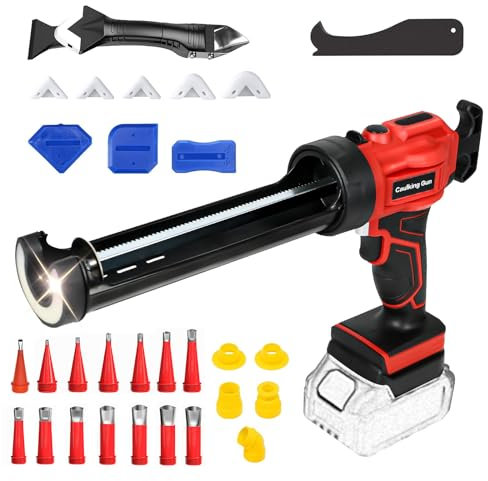 Akku Kartuschenpresse Kompatibel für Makita Akku Silikonpistole 18V mit LED Licht 4 Geschwindigkeiten einstellbar, Kartuschenpistole für Abdichten, Spachteln (Rot + Gummidüse Werkzeug Kit)
