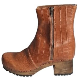 Lotta From Stockholm Britt Clog Boot for Women | High Heel Winter Boots | Wooden Clogs Made of Lime Tree and Genuine Leather | Ankle Boots in Croco Print Leather | Cognac Colour - Size UK 6 / EUR 39