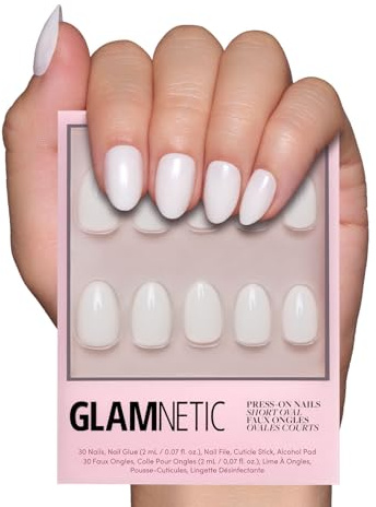 Glamnetic Press On Nails - White Swan | Opaque Classic Off White Short Oval Fake Nails, Salon Quality | 15 Sizes - 30 Nail Kit