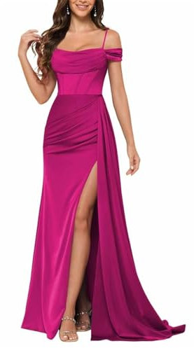 HPPEE Vestidos de satén para mujer, con abertura, plisados, hombros descubiertos, vestidos de dama de honor para boda, fucsia, 40