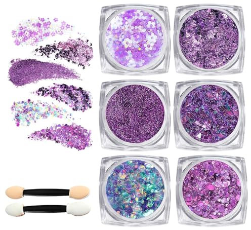 Guyode 6 Pezzi Brillantini per Capelli Gel, Brillantini Viso, Glitter Capelli Gel, Lacca con Brillantini per Capelli, Bottiglia Glitter Body Gel per Capelli Unghie Viso Trucco del Festival (Viola)