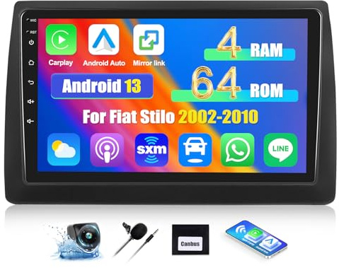 OiLiehu 4+64GB Android 13 2 DIN Carplay Android Auto para Fiat Stilo 2002-2010 Pantalla Radio Coche 9 Pulgadas con Mirror Link Bluetooth FM RDS GPS WiFi EQ Cámara Coche Trasera