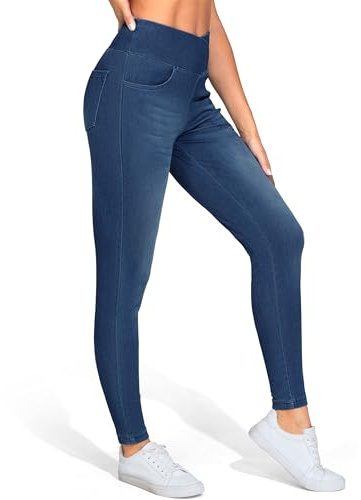 THE GYM PEOPLE Women's High Waisted Leggings V Cross Denim Jeggings Stretchy Skinny Jeans with Pockets/Dark Blue-2/XL
