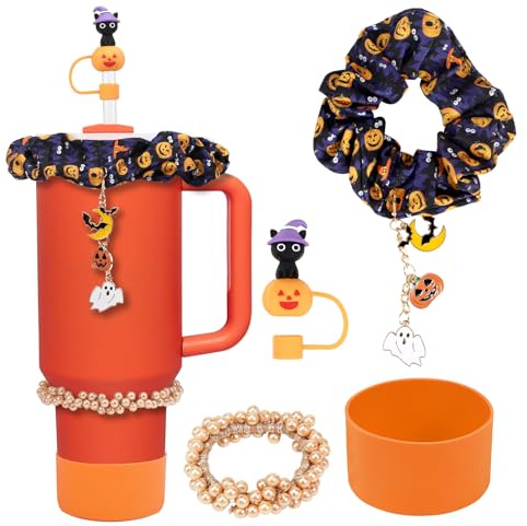 Halloween Stanley Cup Accessories Set: Includes 40oz and 30oz Halloween Straw Toppers, Orange Boot Protectors, Pumkin Charm and All Stanley Tumbler Essentials for Ultimate Convenience