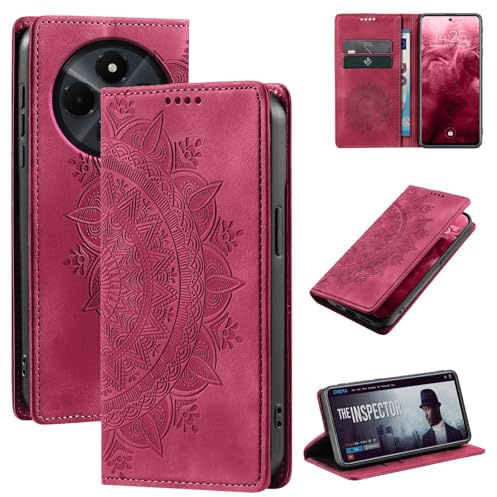 LBH Handyhülle für Xiaomi Redmi 14C Mandala Klapphülle RFID Schutz Kartenfächer Geldfach Design Cover Case Flipcase Magenta Rot