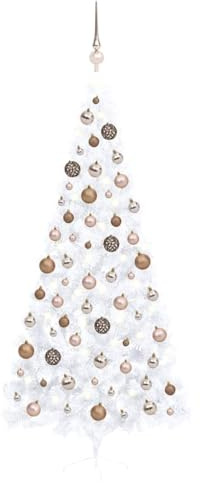 Albero di Natale artificiale bianco, 240 cm, con 150 luci LED, 1050 punte, con palline per albero di Natale, montaggio a parete, salvaspazio, decorazione natalizia
