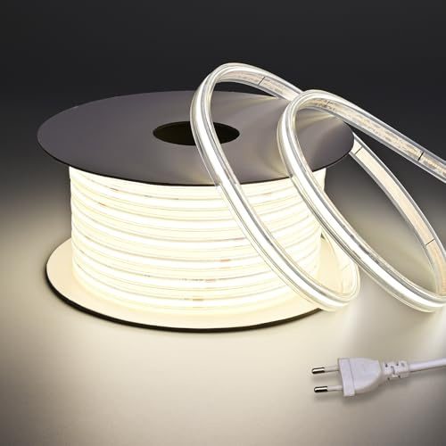 BENLUN AC 230V COB LED Streifen Aussenbereich Transparente Wasserdicht 20m | 4000K Naturweiß LED Strip Outdoo 220V IP65 10W/m 480LEDs/m CRI 90+ für Beleuchtung Deko Decke Terrasse hof Garten