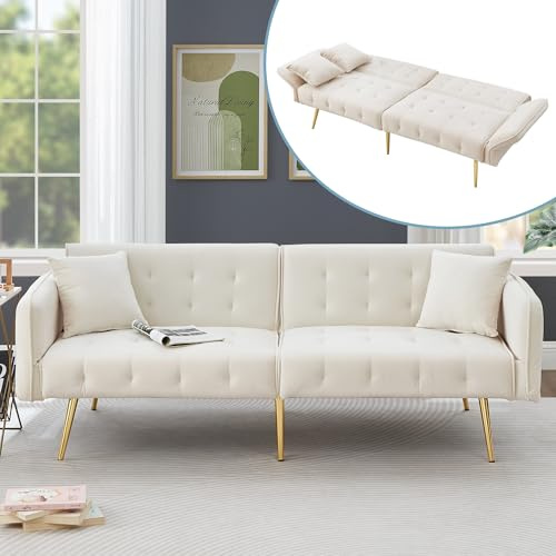 Kebnor Zweisitzer-Multifunktions-Sofabett mit Bettfunktion, Verstellbarer Rückenlehne + mehrstelligen Armlehnen. Modernes Faltsofabett für Wohnzimmer - Veloursbezug. Großzügiger Schlafbereich