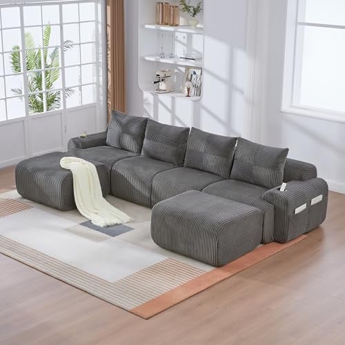 Ligterra Wohnlandschaft U Form, Modulares Sofa, Boneless Couch mit 2 Hockern, Cordstoff, mit Getränkehalter & Seitlicher Aufbewahrungstasche, für Wohnzimmer, Büro, 333×174×80cm (Dunkelgrau)