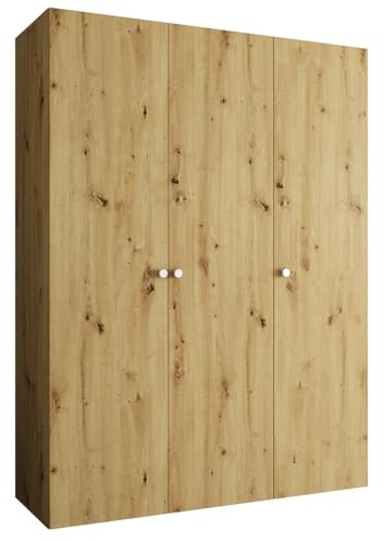 MEBLE KRYSPOL - Kleiderschrank - Garderobenschrank - 150 cm x 202 x 52 cm - Schrank mit Kleiderstange, 3 Türen - für Schlafzimmer, Flur - Parma, Artisan-Eiche, Griff Silber