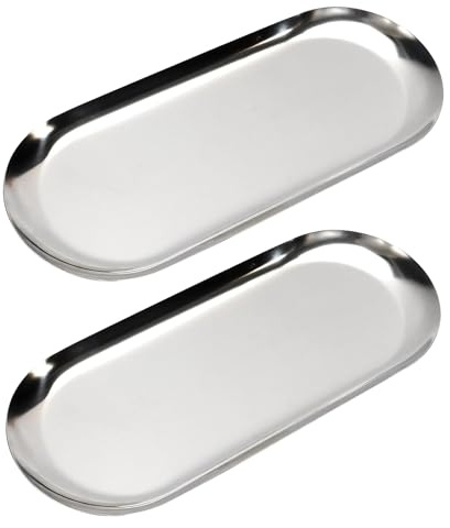 MrMrKura Paquete de 2 bandejas decorativas de acero inoxidable, bandeja ovalada de 9 pulgadas para joyas, pequeña placa de almacenamiento para organizador de cosméticos, llave de baño, vela (plata)