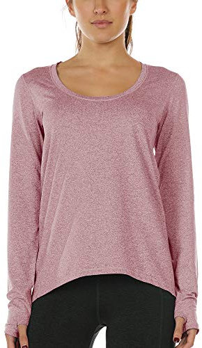 icyzone Damen Laufshirt Langarm Sport Shirt Atmungsaktive Langarmshirt Fitness Top Oberteil mit Daumenloch (L, Dunkelrosa)