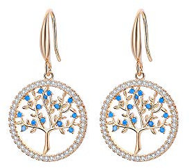 Boucles d'oreilles pendantes arbre de vie pour femmes, boucles d'oreilles pendantes hypoallergéniques avec crochet médical plaqué argent et or rose avec cristal de zircon (#2 Plaqué Or)