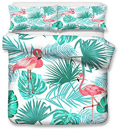Rose Flamant Vert Tropical Feuille Élégant Housse de Couette avec Taie d'oreiller, 1/2 Personnes Cactus Fleur Flamant Blanc Housse de Couette Femme au Foyer Femme (Flamant 2, 200x200cm)