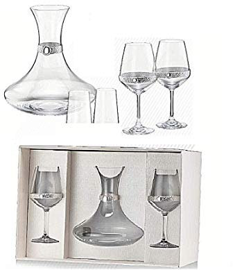 Juego de cristal con decantador para vino de 1 litro + 2 copas Baloon Made in Italy 100 & con placa de plata 925% 6552
