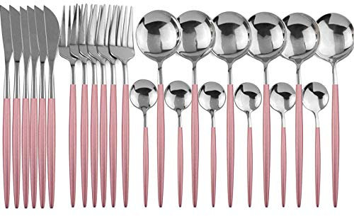JANKNG, set di posate da 24 pezzi, in acciaio INOX 18/0, coltelli, forchetta, cucchiaino da tè, set da 6 Rosa e argento.