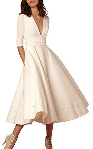 ORANDESIGNE Damen Cocktailkleid Elegantes Vintage Kleid V Ausschnitt 3/4 Ärmel Midikleid Partykleid A-Linie Abendkleid Faltenrock Weiß 44
